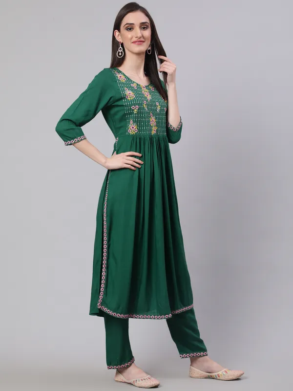 Dark_Green_Nayra_Cut_Rayon_Embroidery_Kurti_Set_For_Women