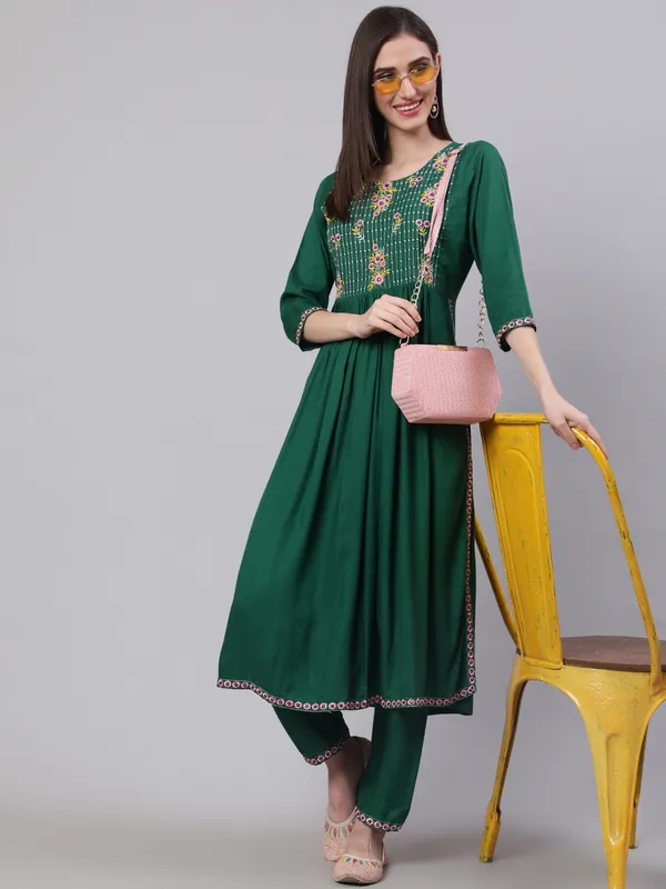 Dark_Green_Nayra_Cut_Rayon_Embroidery_Kurti_Set_For_Women