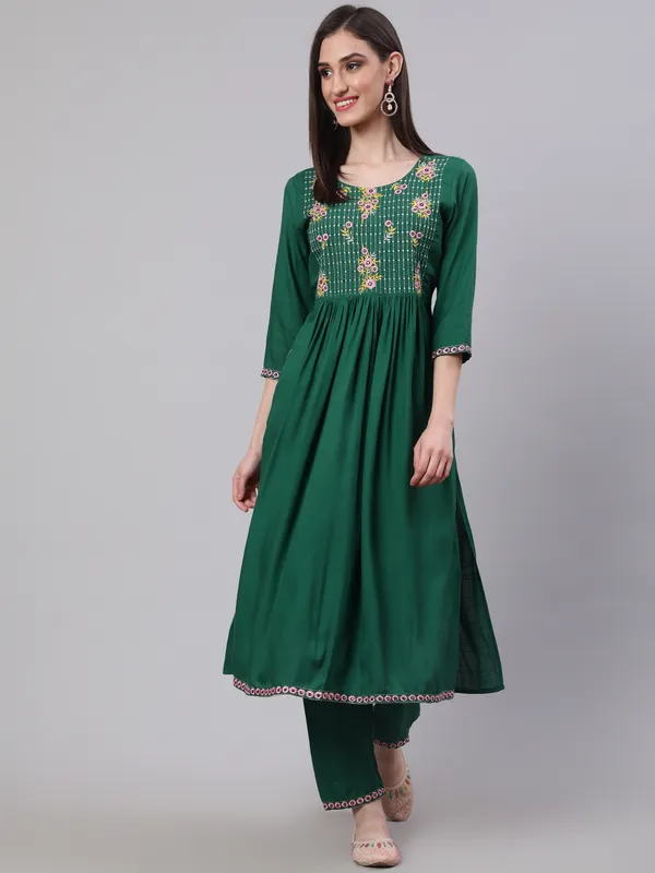 Dark_Green_Nayra_Cut_Rayon_Embroidery_Kurti_Set_For_Women