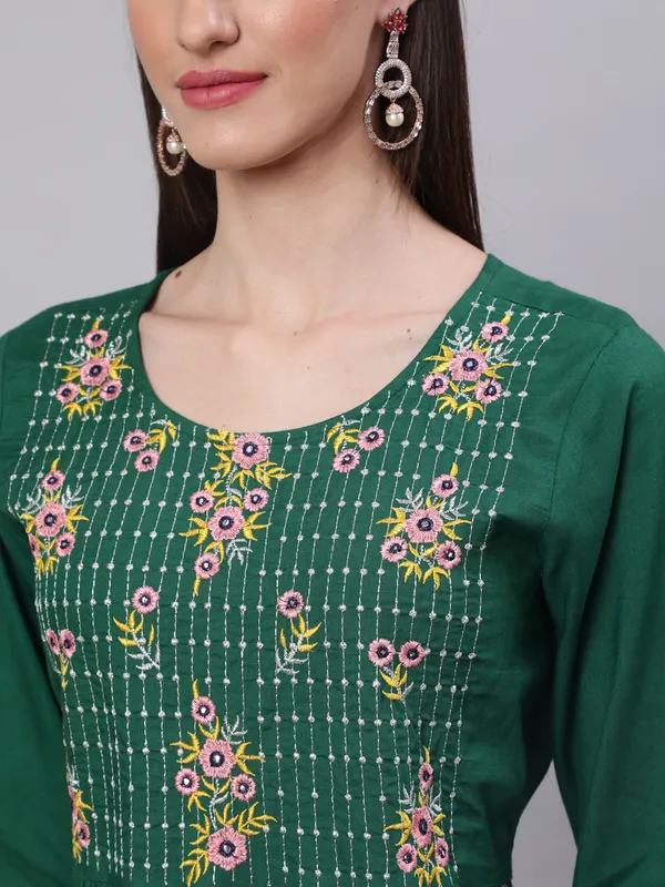 Dark_Green_Nayra_Cut_Rayon_Embroidery_Kurti_Set_For_Women