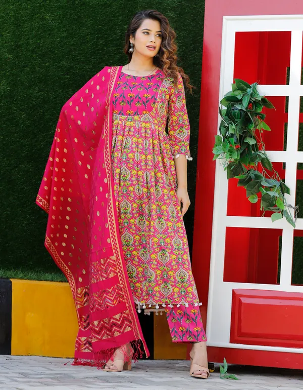 Pink_Rayon_Embroidered_Anarkali_Kurti_Pant_With_Dupatta_Set_For_Women