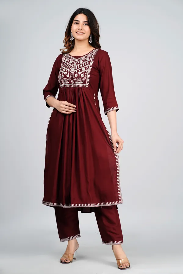 Wine_Rayon_Nayra_Cut_Embroidered_Kurti_Set_For_Women