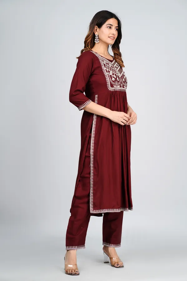 Wine_Rayon_Nayra_Cut_Embroidered_Kurti_Set_For_Women