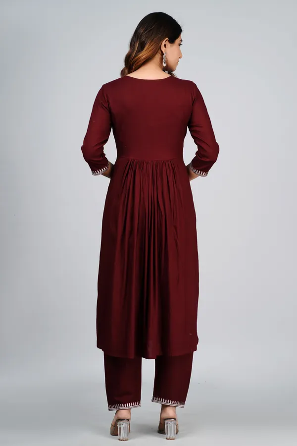 Wine_Rayon_Nayra_Cut_Embroidered_Kurti_Set_For_Women