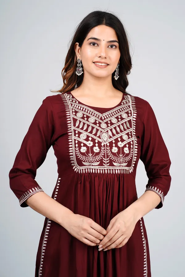 Wine_Rayon_Nayra_Cut_Embroidered_Kurti_Set_For_Women