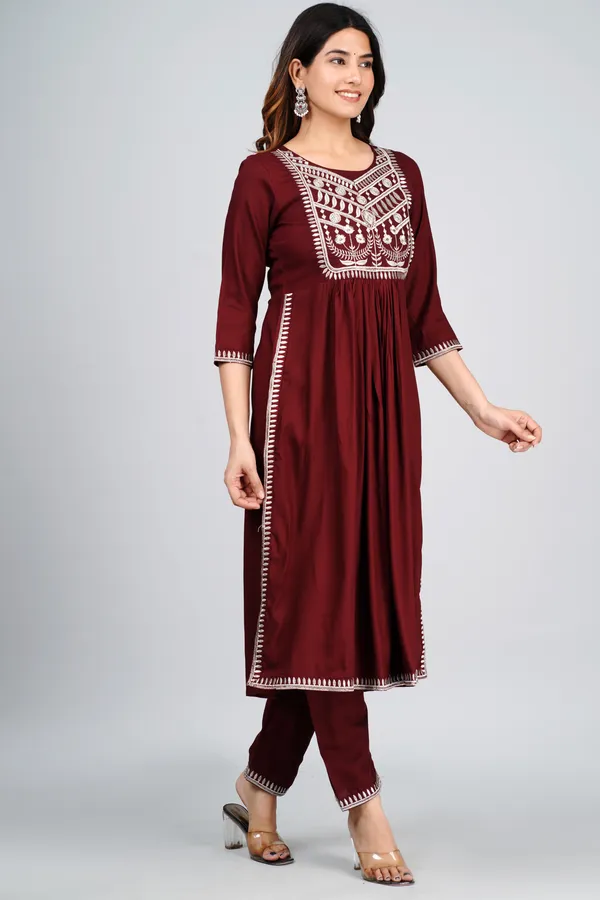 Wine_Rayon_Nayra_Cut_Embroidered_Kurti_Set_For_Women