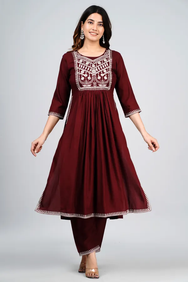 Wine_Rayon_Nayra_Cut_Embroidered_Kurti_Set_For_Women