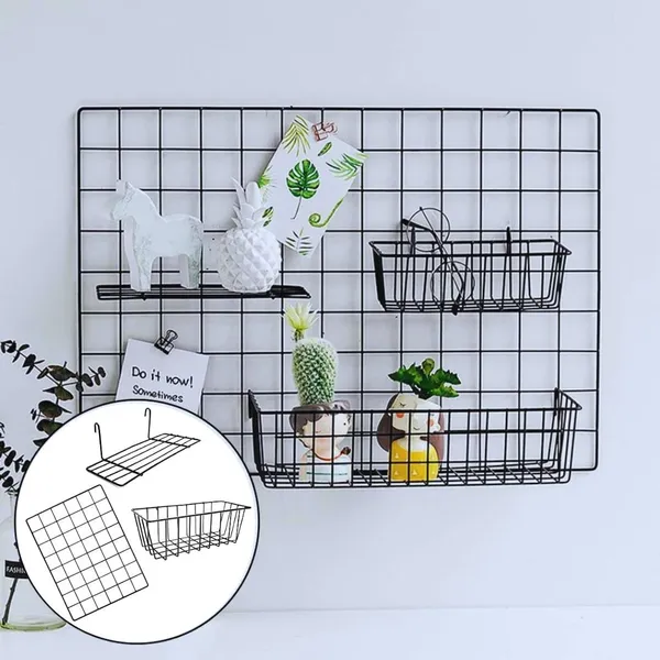 Black_Steel_Photo_Collage_Grid_Frame,_Basket_&_Tray|_Photo_Frame_Grid_Diy_Mesh_Wire_Frame_(Pack_Of_3_-_Grid,_Basket_&_Tray)