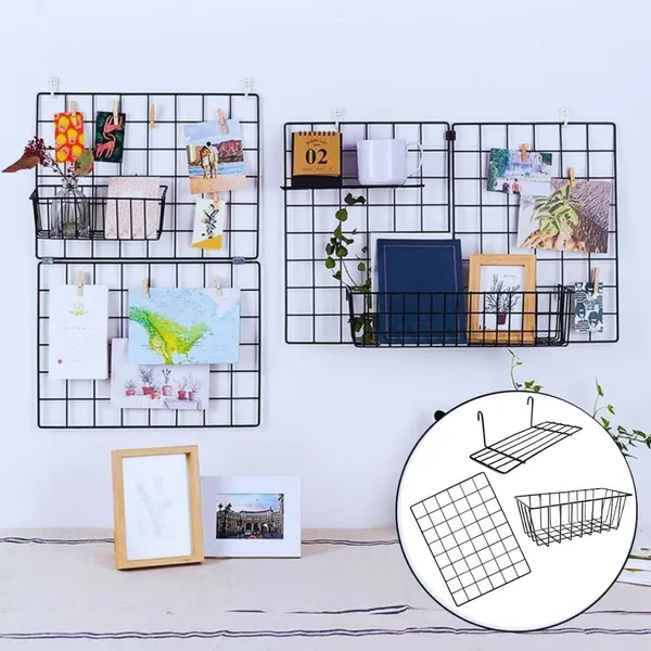 Black_Steel_Photo_Collage_Grid_Frame,_Basket_&_Tray|_Photo_Frame_Grid_Diy_Mesh_Wire_Frame_(Pack_Of_3_-_Grid,_Basket_&_Tray)