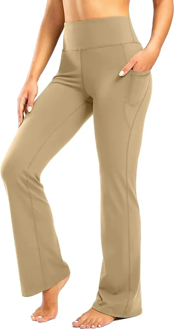 Saffora Women's Yoga Pants Pockets High Waist Beige Colour Pant