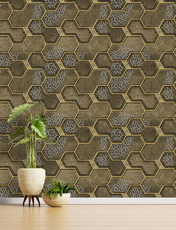 Brown_Latest_Stylish_Textured_Pvc_Coated_3D_Modern_Honeycomb_Maze_Design_Wallpaper_Roll_For_Living_Room/Bedroom/Office_Walls_(57Sqft/Per_Roll)