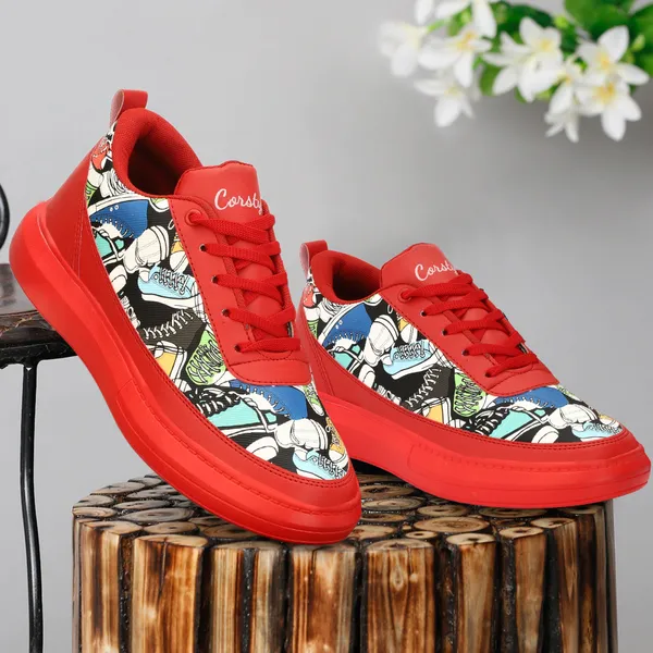 Red_Synthetic_Leather_Airmix_Round_Tip_Casual_Shoes_For_Men