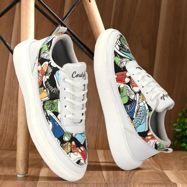White_Synthetic_Leather_Airmix_Round_Tip_Casual_Shoes_For_Men