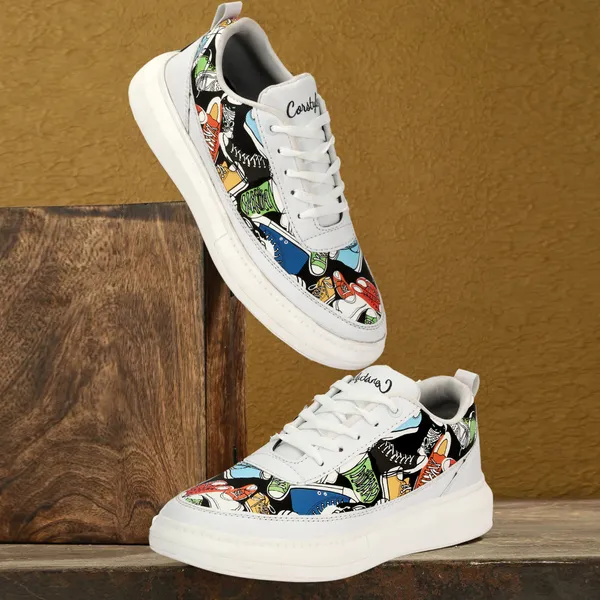 White_Synthetic_Leather_Airmix_Round_Tip_Casual_Shoes_For_Men