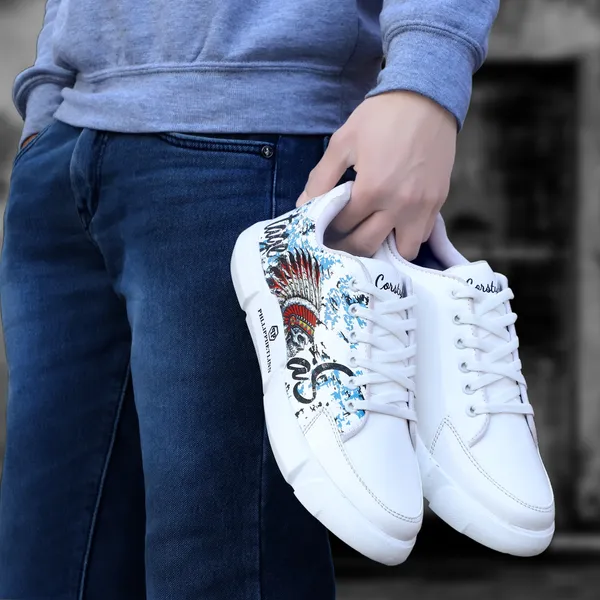 White_Synthetic_Leather_Airmix_Round_Tip_Sports_Shoes_For_Men