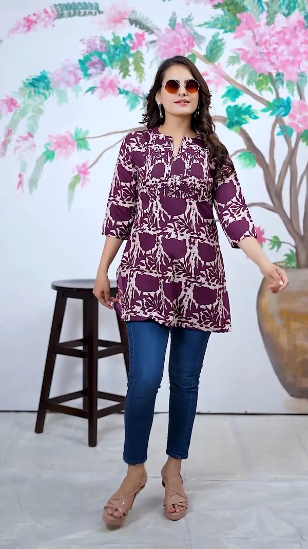 Purple_Cotton_Blend_Printed_Round_Neck_Short_Kurti_|_For_Women