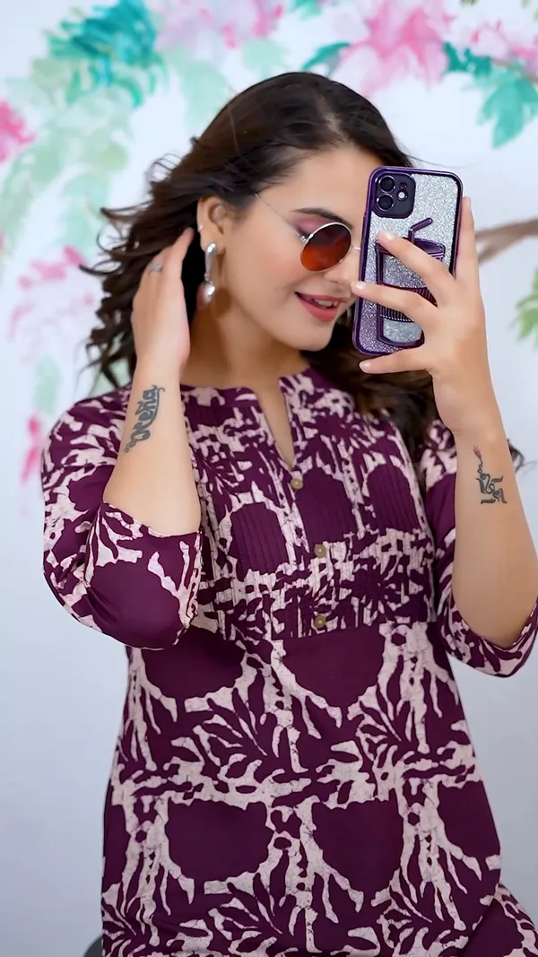 Purple_Cotton_Blend_Printed_Round_Neck_Short_Kurti_|_For_Women