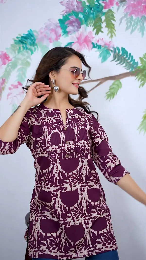 Purple_Cotton_Blend_Printed_Round_Neck_Short_Kurti_|_For_Women