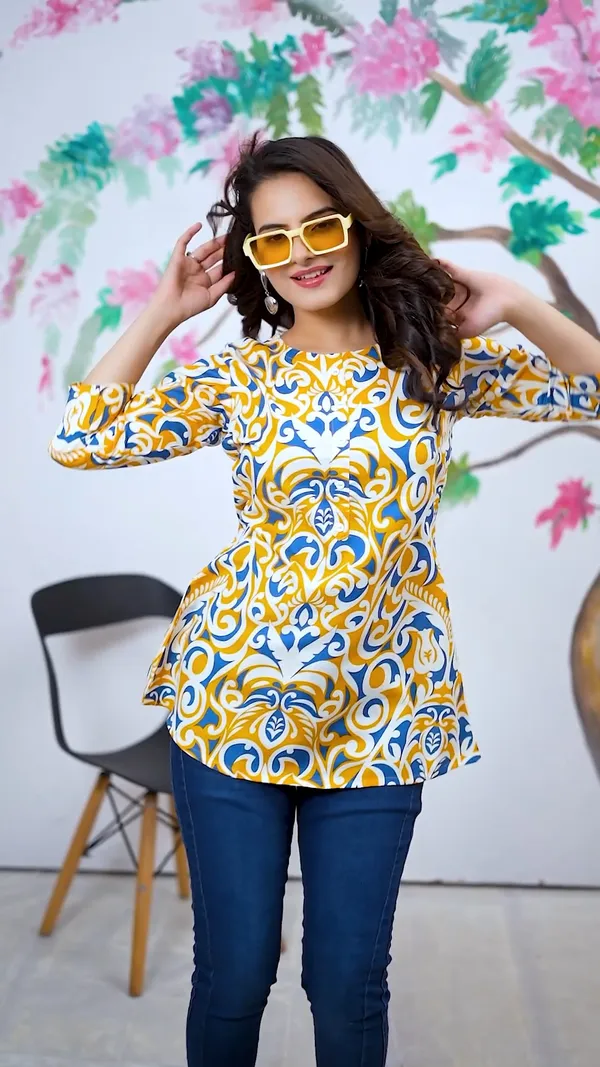 Yellow_Cotton_Blend_Digital_Print_Short_Kurti_|_For_Women