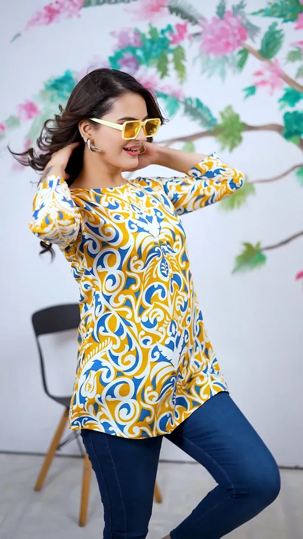 Yellow_Cotton_Blend_Digital_Print_Short_Kurti_|_For_Women