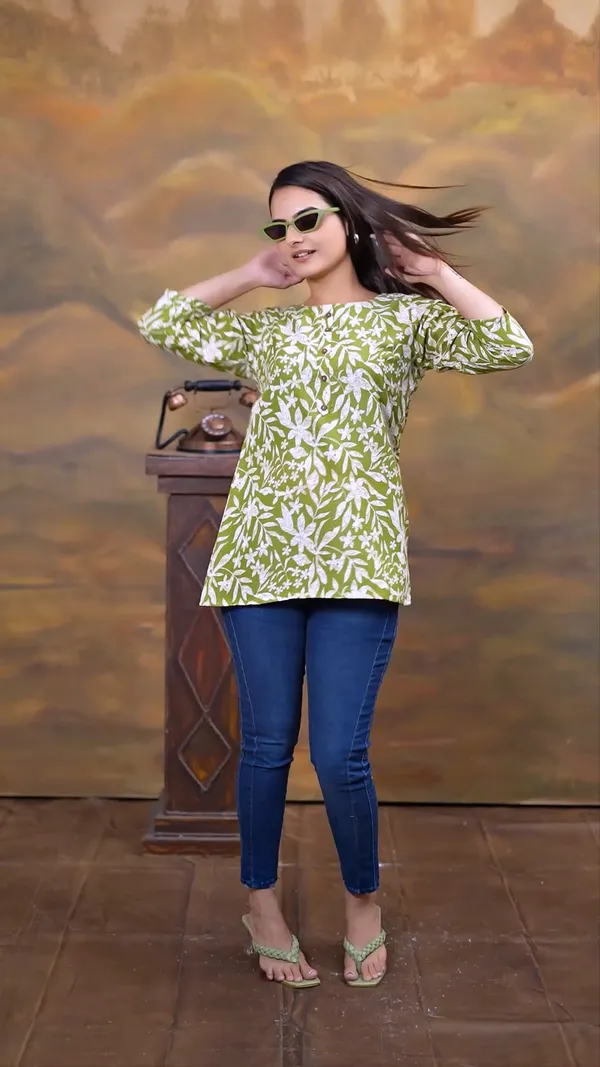 Green_Cotton_Blend_Digital_Printed_Round_Neck_Rayon_Short_Kurti_|_For_Women