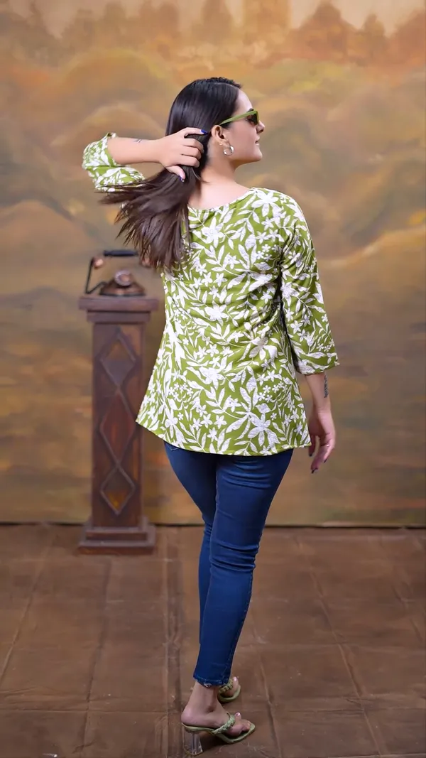 Green_Cotton_Blend_Digital_Printed_Round_Neck_Rayon_Short_Kurti_|_For_Women