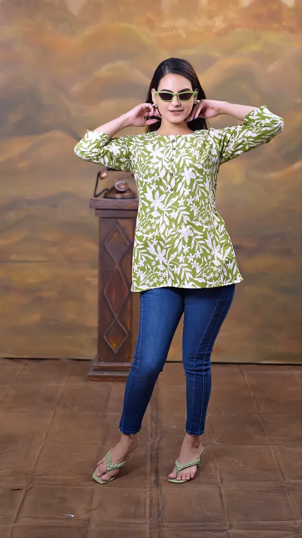 Green_Cotton_Blend_Digital_Printed_Round_Neck_Rayon_Short_Kurti_|_For_Women