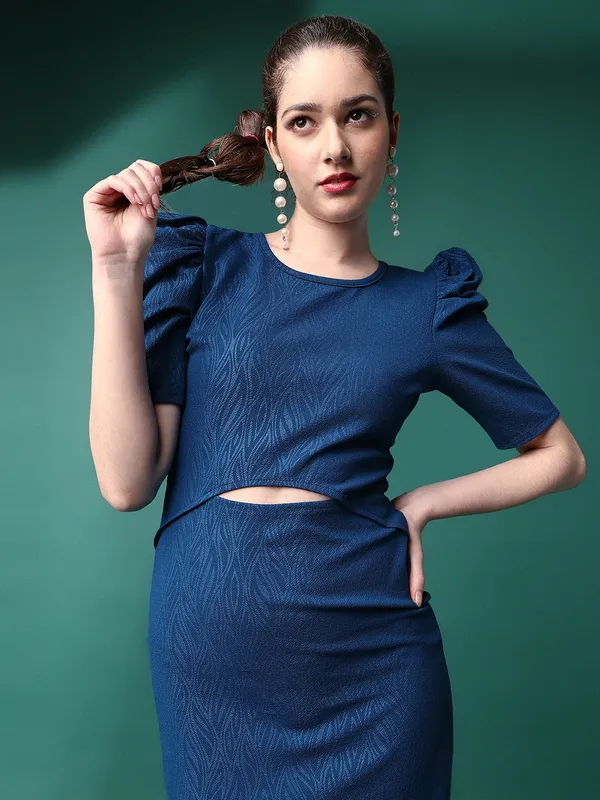 Teal_Blue_Cotton_Lycra_Embossed_Print_Western_Dress_|_For_Women