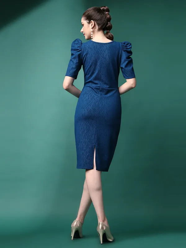 Teal_Blue_Cotton_Lycra_Embossed_Print_Western_Dress_|_For_Women