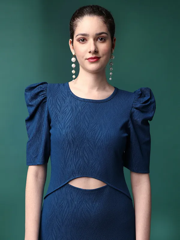 Teal_Blue_Cotton_Lycra_Embossed_Print_Western_Dress_|_For_Women