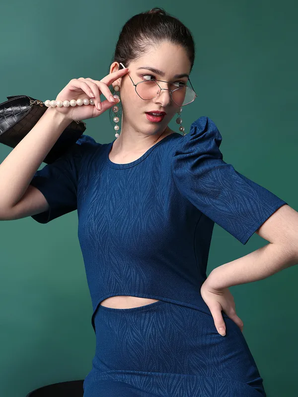 Teal_Blue_Cotton_Lycra_Embossed_Print_Western_Dress_|_For_Women