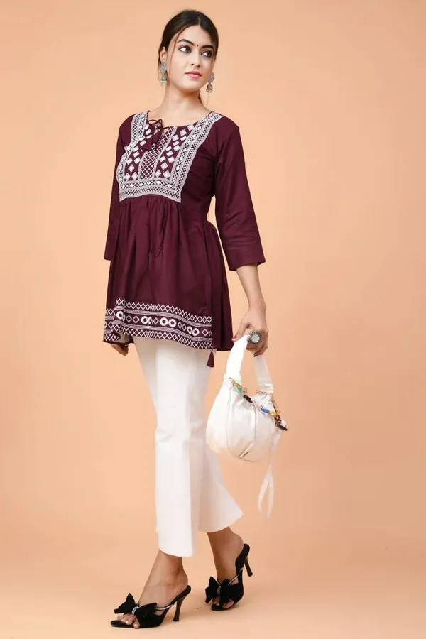 Maroon_Embroidered_Round_Neck_Top_|_For_Women