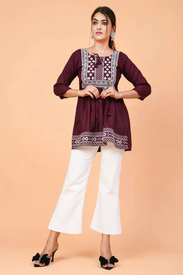 Maroon_Embroidered_Round_Neck_Top_|_For_Women