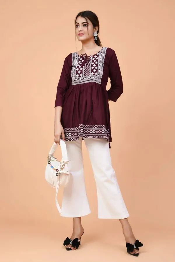 Maroon_Embroidered_Round_Neck_Top_|_For_Women