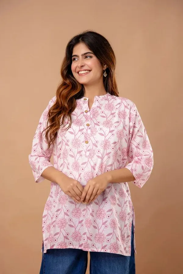 Pink_Floral_Printed_Cotton_Short_Kurti_|_For_Women