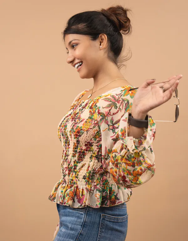 Multicolour_Cotton_Blend_Floral_Printed_Smocked_Puff_Sleeve_Top_|_For_Women