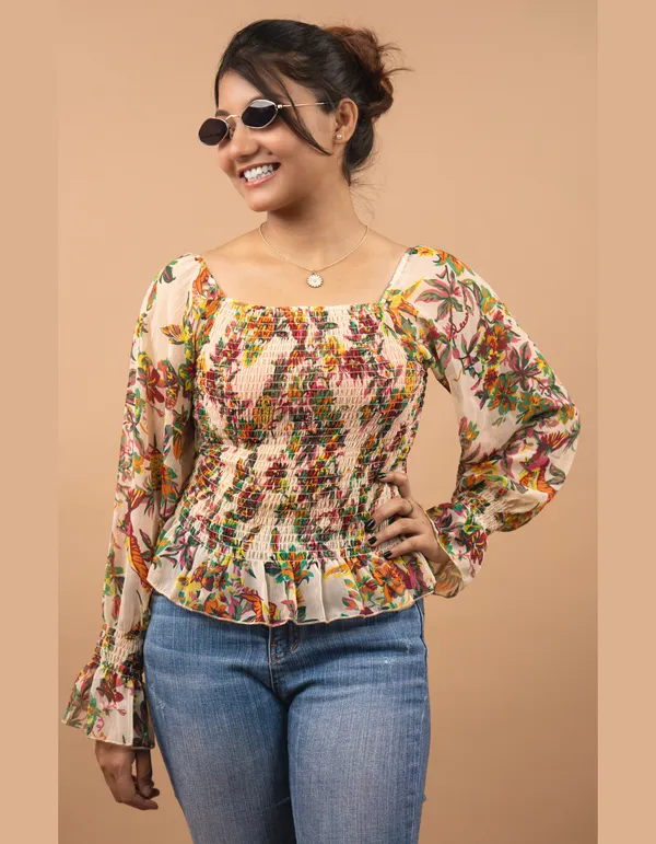 Multicolour_Cotton_Blend_Floral_Printed_Smocked_Puff_Sleeve_Top_|_For_Women