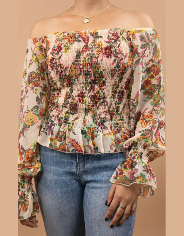 Multicolour_Cotton_Blend_Floral_Printed_Smocked_Puff_Sleeve_Top_|_For_Women
