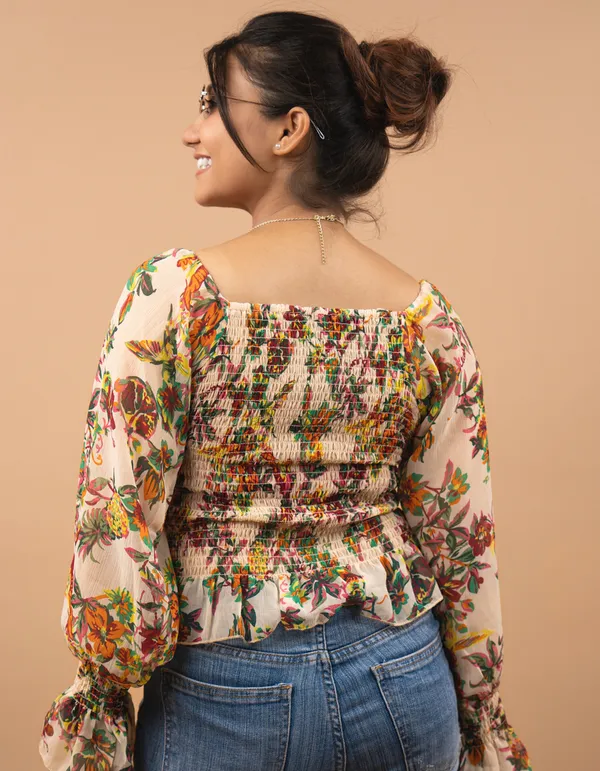 Multicolour_Cotton_Blend_Floral_Printed_Smocked_Puff_Sleeve_Top_|_For_Women