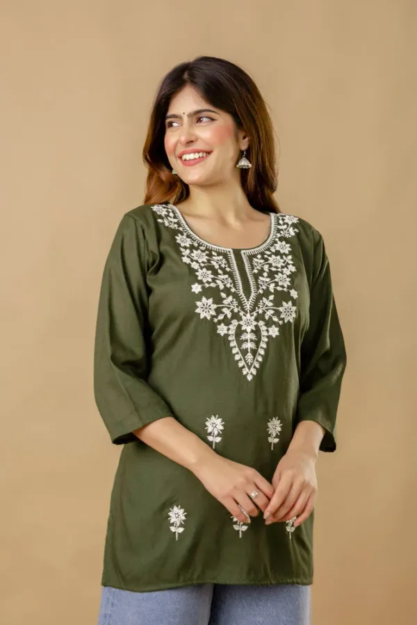 Green_Cotton_Rayon_Embroidered_Short_Kurti_|_For_Women