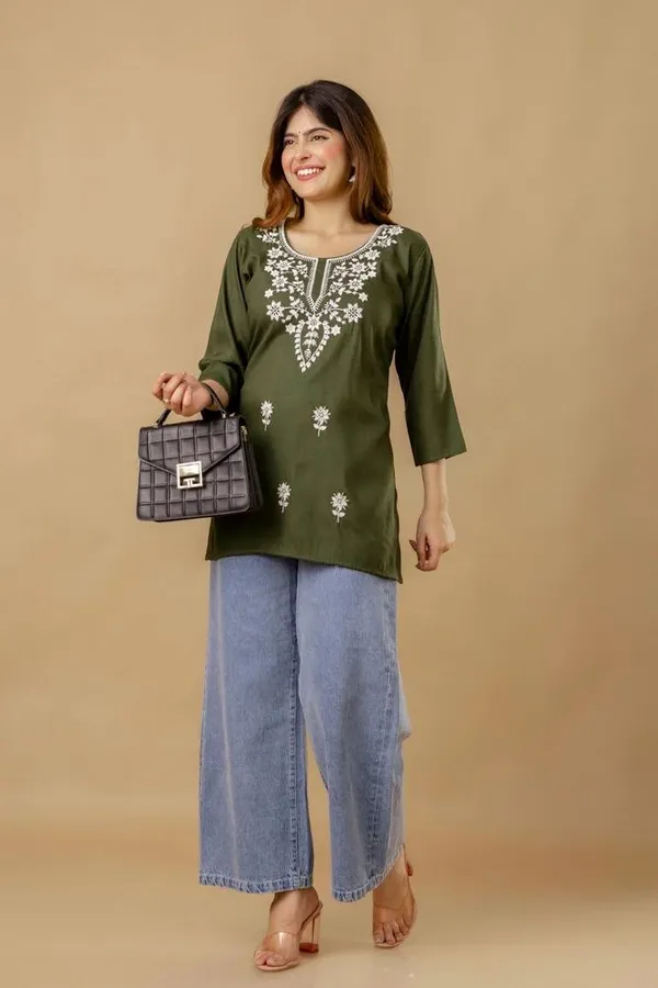 Green_Cotton_Rayon_Embroidered_Short_Kurti_|_For_Women