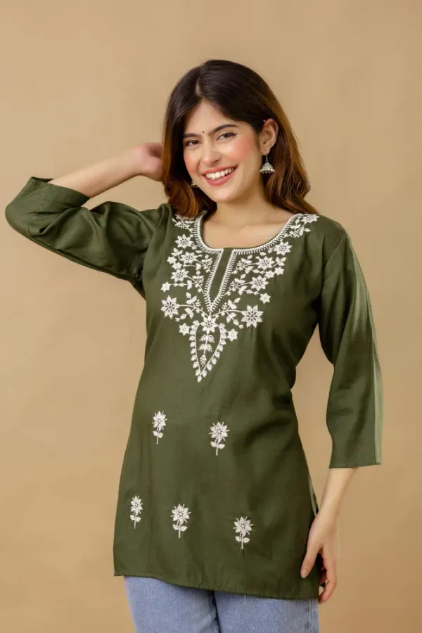 Green_Cotton_Rayon_Embroidered_Short_Kurti_|_For_Women