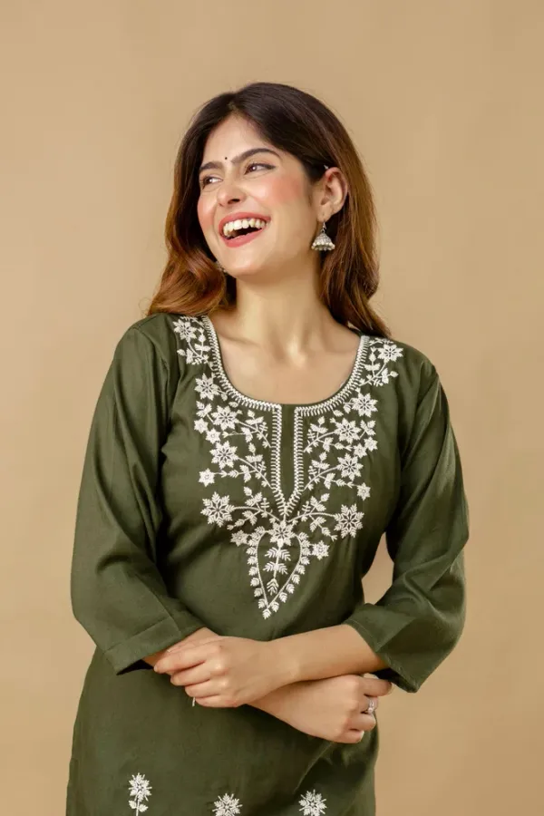 Green_Cotton_Rayon_Embroidered_Short_Kurti_|_For_Women