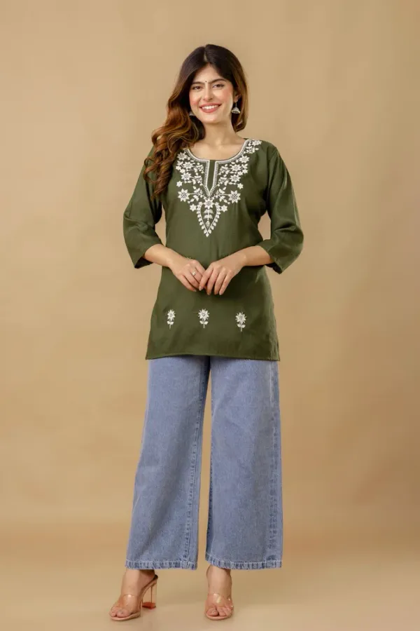 Green_Cotton_Rayon_Embroidered_Short_Kurti_|_For_Women