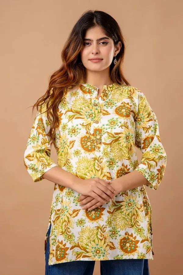 Yellow_Jaipuri_Printed_Cotton_Short_Kurti_|_For_Women