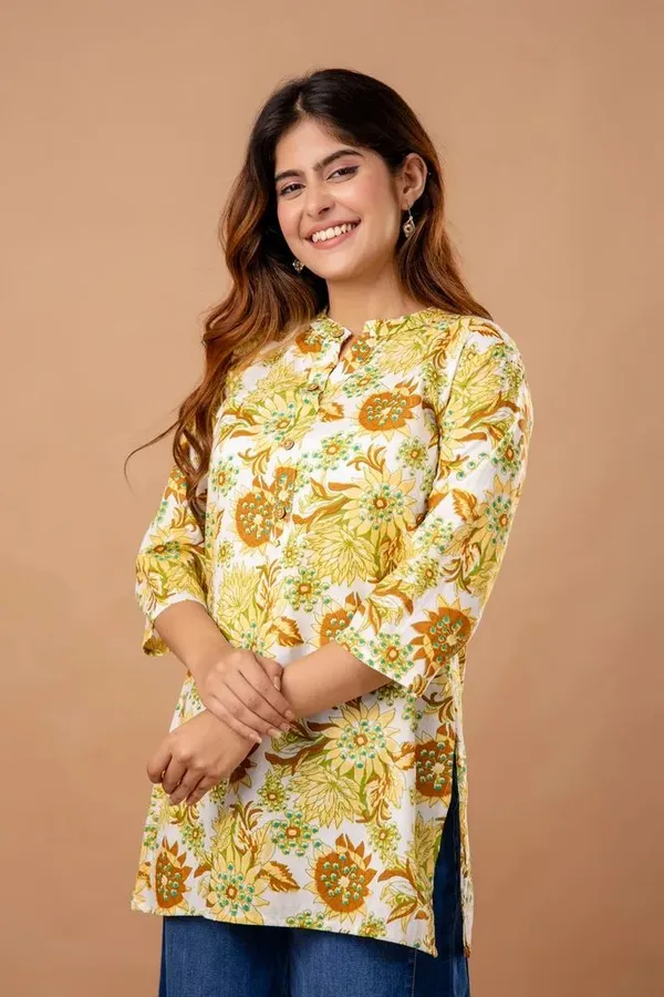 Yellow_Jaipuri_Printed_Cotton_Short_Kurti_|_For_Women