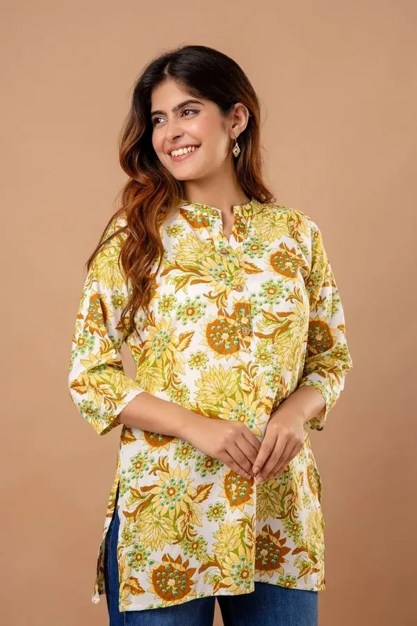 Yellow_Jaipuri_Printed_Cotton_Short_Kurti_|_For_Women