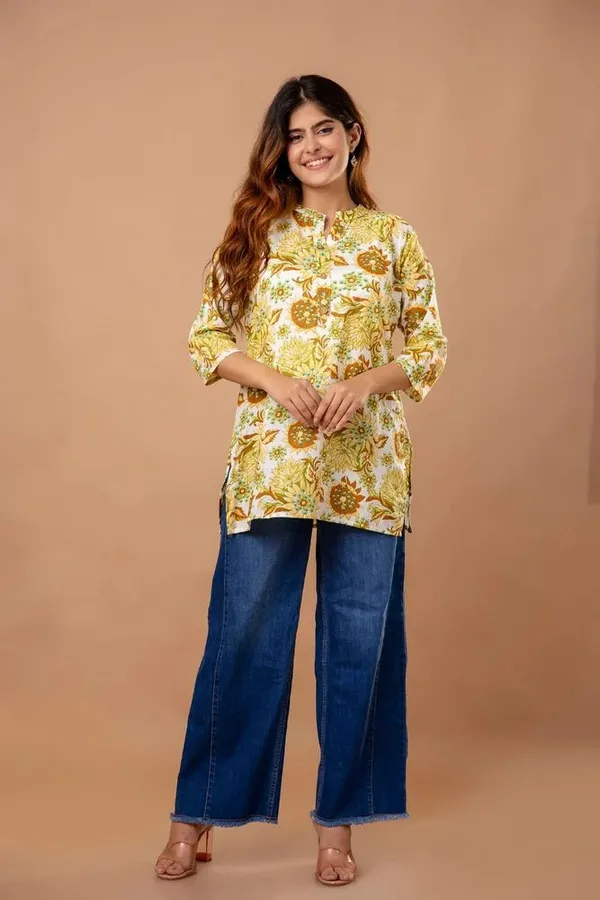 Yellow_Jaipuri_Printed_Cotton_Short_Kurti_|_For_Women