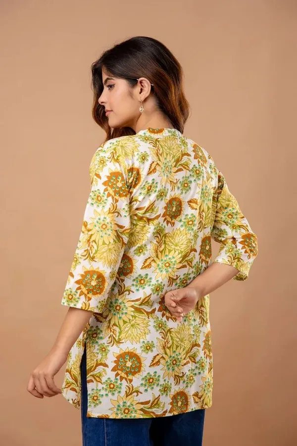 Yellow_Jaipuri_Printed_Cotton_Short_Kurti_|_For_Women