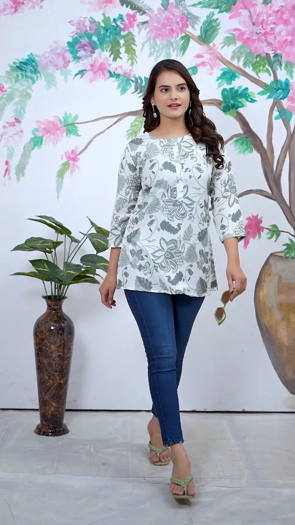 White_Cotton_Blend_Digital_Printed_Rayon_Round_Neck_Short_Kurti_|_For_Women